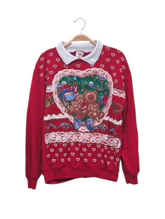 Nutcracker Tops - Vintage Nutcracker Red Christmas Teddy Bear Collared Grandma Sweatshirt Medium